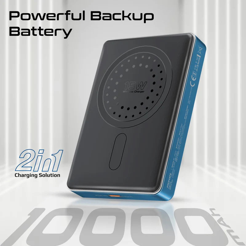 PROMATE Blade-10 Ultra-Compact MagSafe Compatible Wireless Charging Power Bank - USB-C / Blue