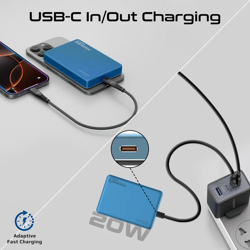 PROMATE Blade-10 Ultra-Compact MagSafe Compatible Wireless Charging Power Bank - USB-C / Blue