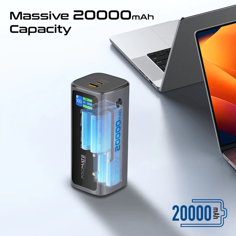 PROMATE Titan-130RC Ultra Compact Multi-Port Power Bank with Retractable USB-C Cable - 130W / 20000mAh / Black
