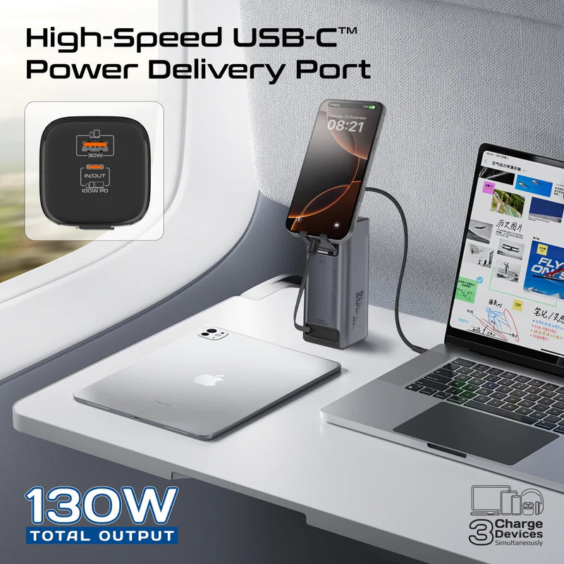 PROMATE Titan-130RC Ultra Compact Multi-Port Power Bank with Retractable USB-C Cable - 130W / 20000mAh / Black