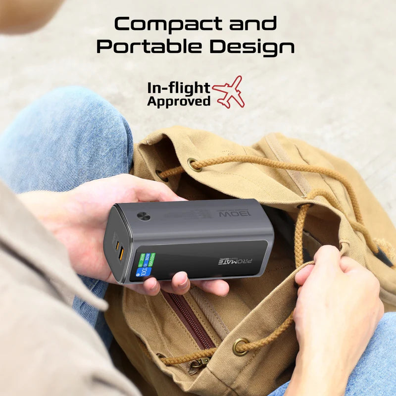 PROMATE Titan-130RC Ultra Compact Multi-Port Power Bank with Retractable USB-C Cable - 130W / 20000mAh / Black