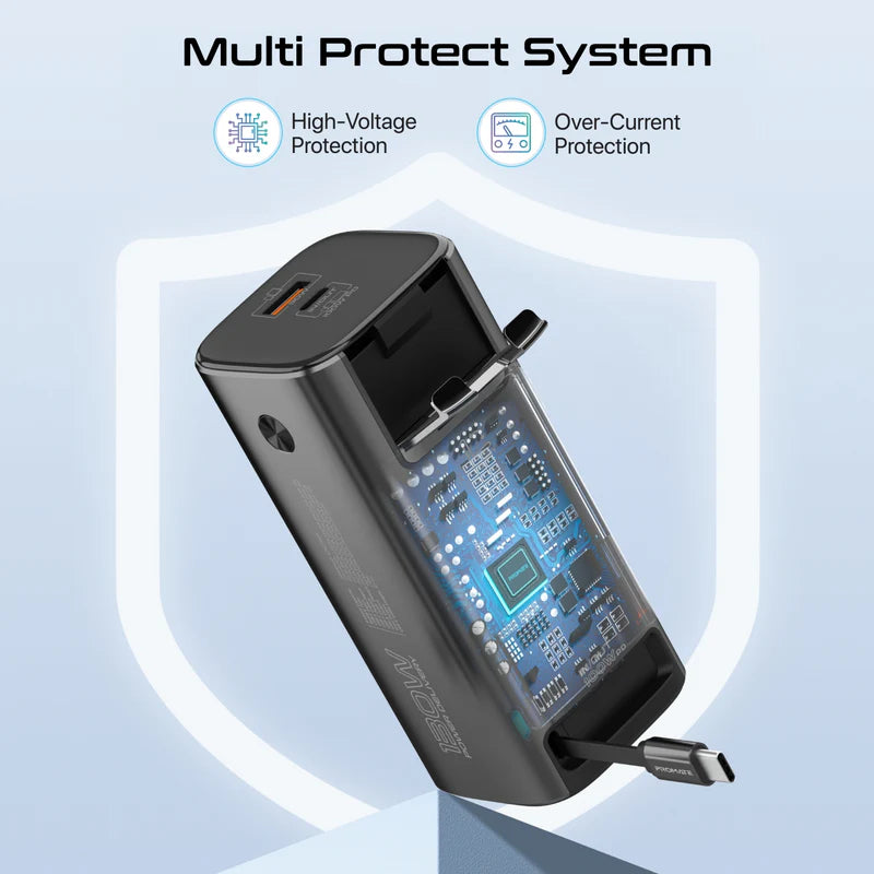 PROMATE Titan-130RC Ultra Compact Multi-Port Power Bank with Retractable USB-C Cable - 130W / 20000mAh / Black