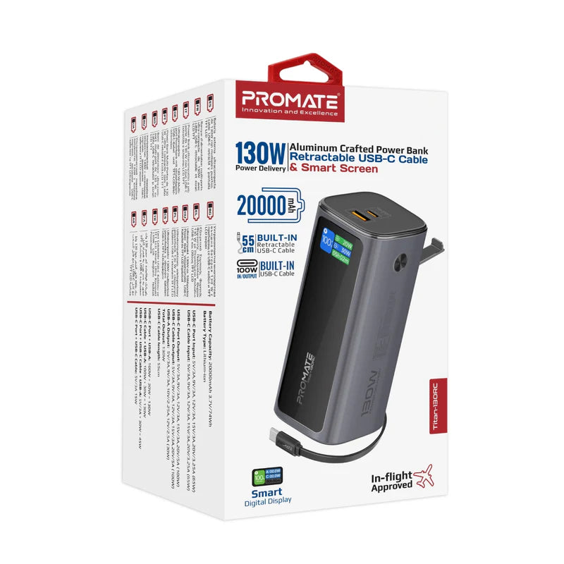 PROMATE Titan-130RC Ultra Compact Multi-Port Power Bank with Retractable USB-C Cable - 130W / 20000mAh / Black