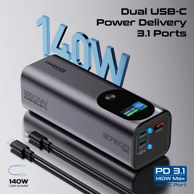 PROMATE Titan-160 Ultra Compact Multi-Port Power Bank - 160W / 27600mAh / Black