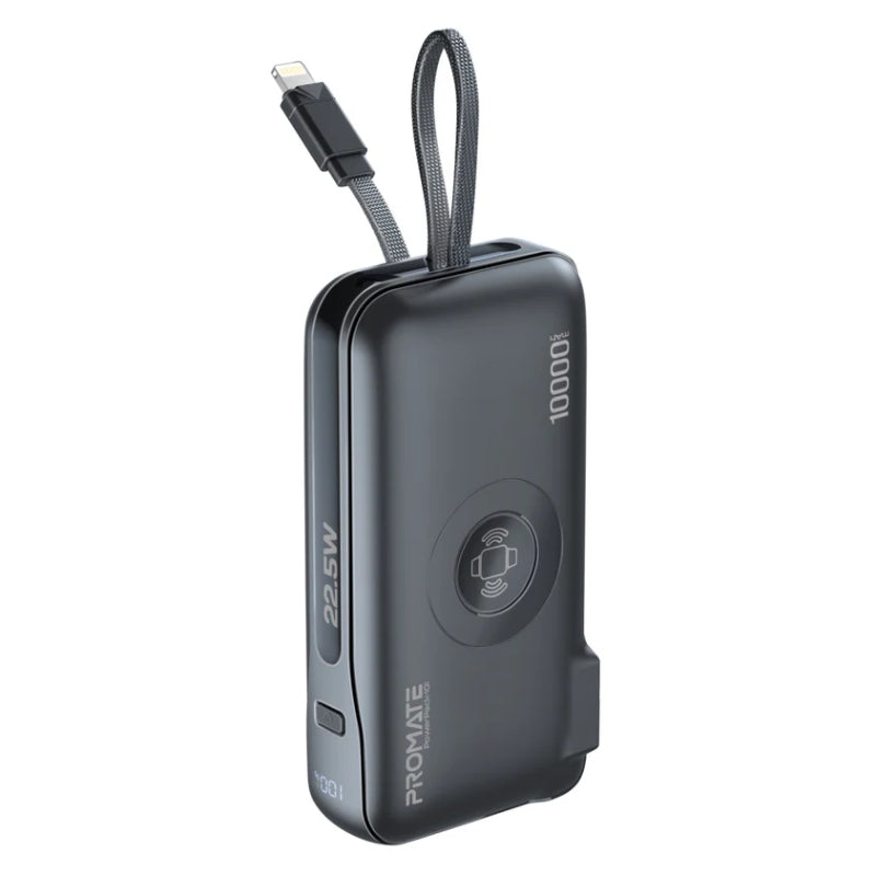 PROMATE PowerPack-10i Ultra-compact Power Bank With Built-In Lightning Cable - 20W / USB-C / USB-A / Black