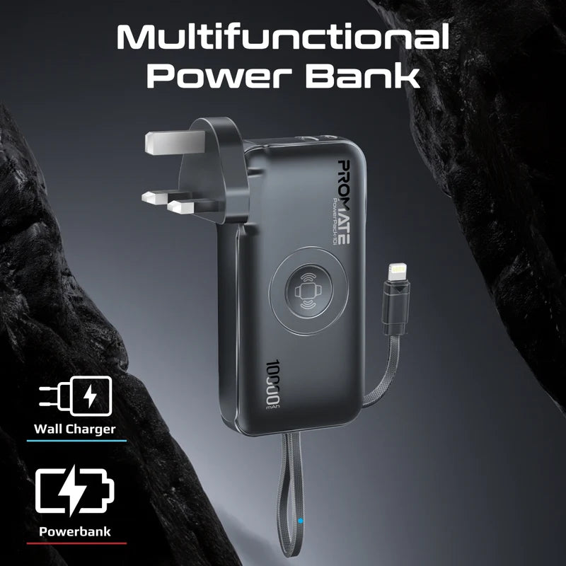 PROMATE PowerPack-10i Ultra-compact Power Bank With Built-In Lightning Cable - 20W / USB-C / USB-A / Black