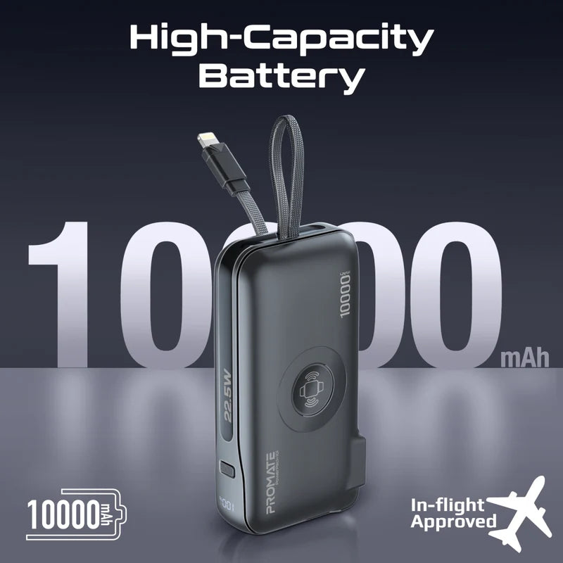 PROMATE PowerPack-10i Ultra-compact Power Bank With Built-In Lightning Cable - 20W / USB-C / USB-A / Black