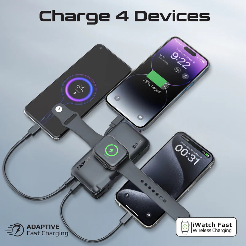PROMATE PowerPack-10i Ultra-compact Power Bank With Built-In Lightning Cable - 20W / USB-C / USB-A / Black