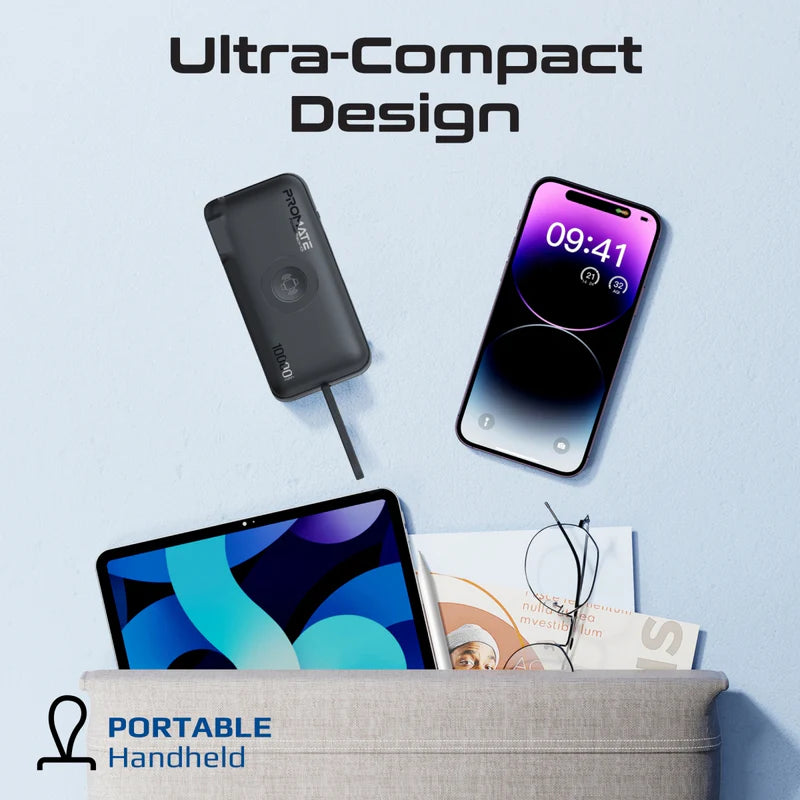 PROMATE PowerPack-10i Ultra-compact Power Bank With Built-In Lightning Cable - 20W / USB-C / USB-A / Black