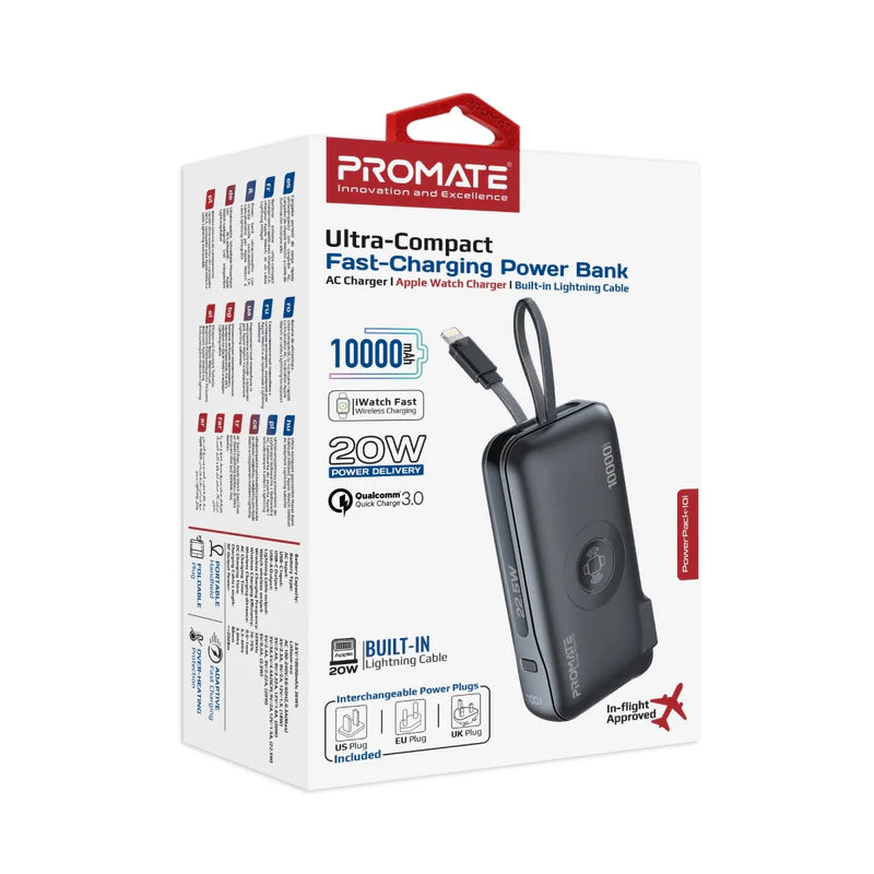 PROMATE PowerPack-10i Ultra-compact Power Bank With Built-In Lightning Cable - 20W / USB-C / USB-A / Black