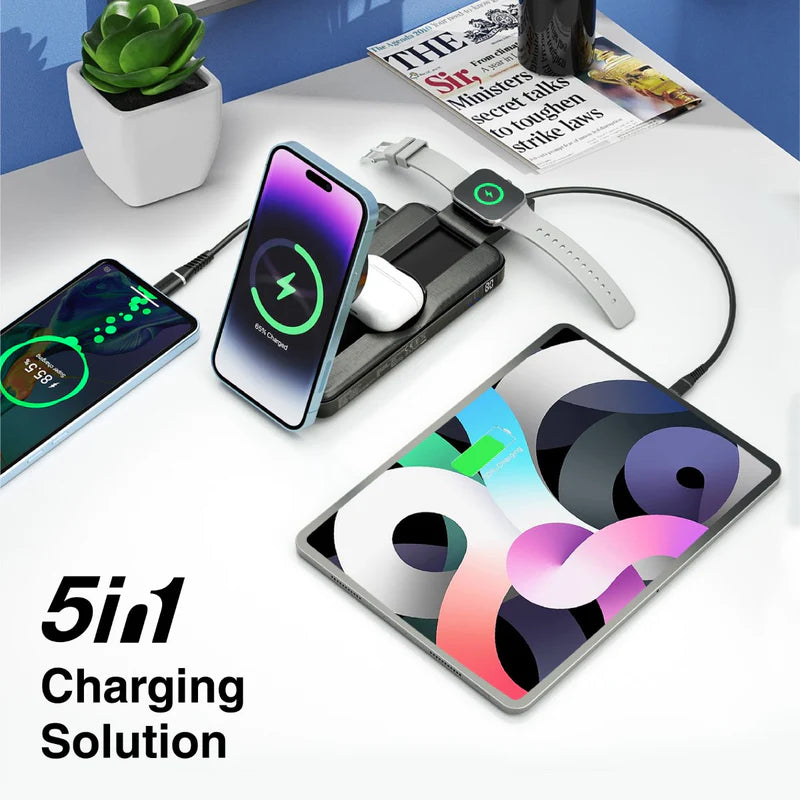 PROMATE PowerPack-Fold 5-in-1 Foldable MagSafe Compatible Wireless Power Bank - 20W / USB-C / USB-A / Black