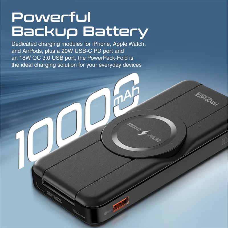 PROMATE PowerPack-Fold 5-in-1 Foldable MagSafe Compatible Wireless Power Bank - 20W / USB-C / USB-A / Black