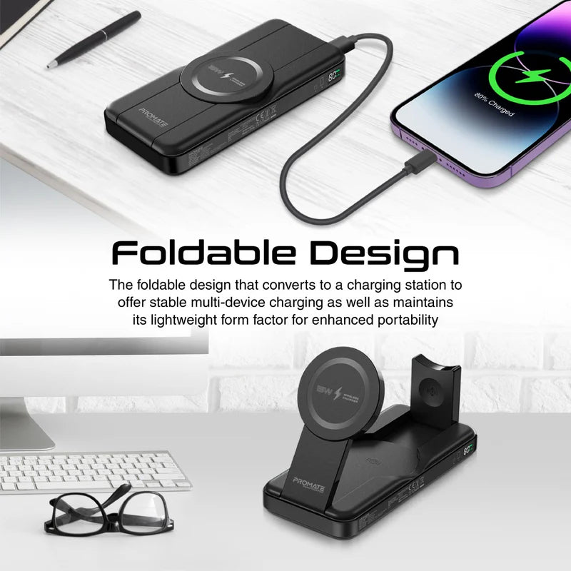 PROMATE PowerPack-Fold 5-in-1 Foldable MagSafe Compatible Wireless Power Bank - 20W / USB-C / USB-A / Black