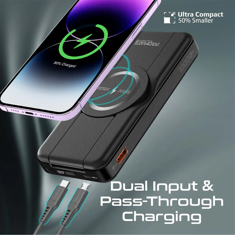 PROMATE PowerPack-Fold 5-in-1 Foldable MagSafe Compatible Wireless Power Bank - 20W / USB-C / USB-A / Black