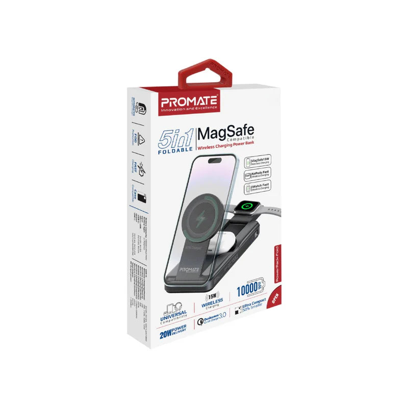 PROMATE PowerPack-Fold 5-in-1 Foldable MagSafe Compatible Wireless Power Bank - 20W / USB-C / USB-A / Black
