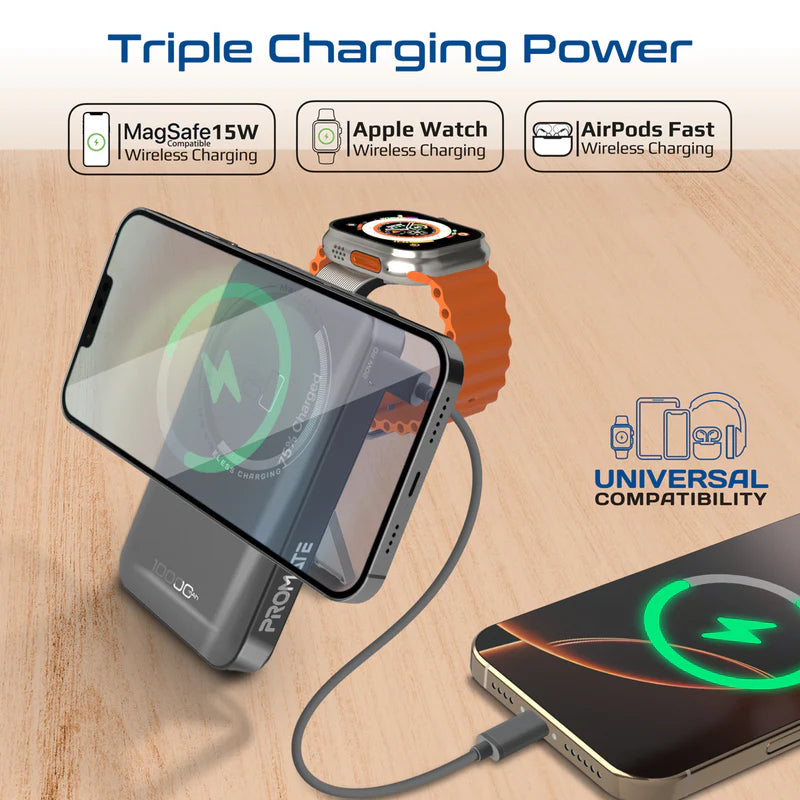 PROMATE Mavrix-3 3-In-1 Ultra-Compact MagSafe Compatible Wireless Power Bank - 15W / USB-C / Black