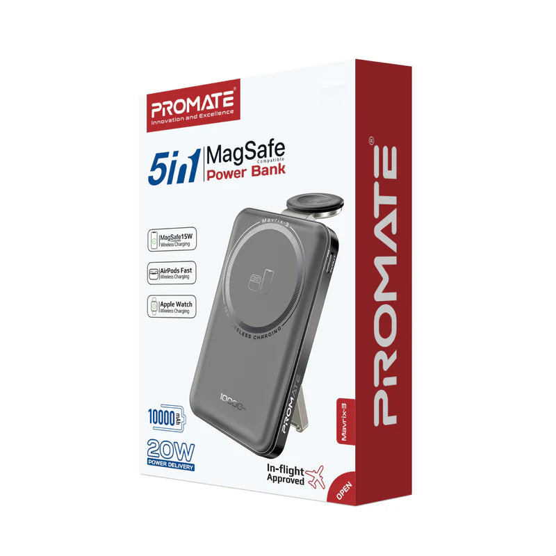 PROMATE Mavrix-3 3-In-1 Ultra-Compact MagSafe Compatible Wireless Power Bank - 15W / USB-C / Black