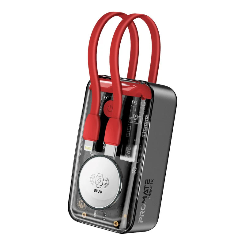 PROMATE Mavrix Power Bank with Built-In USB-C & Lightning Cable - 35W / 10000mAh / Red