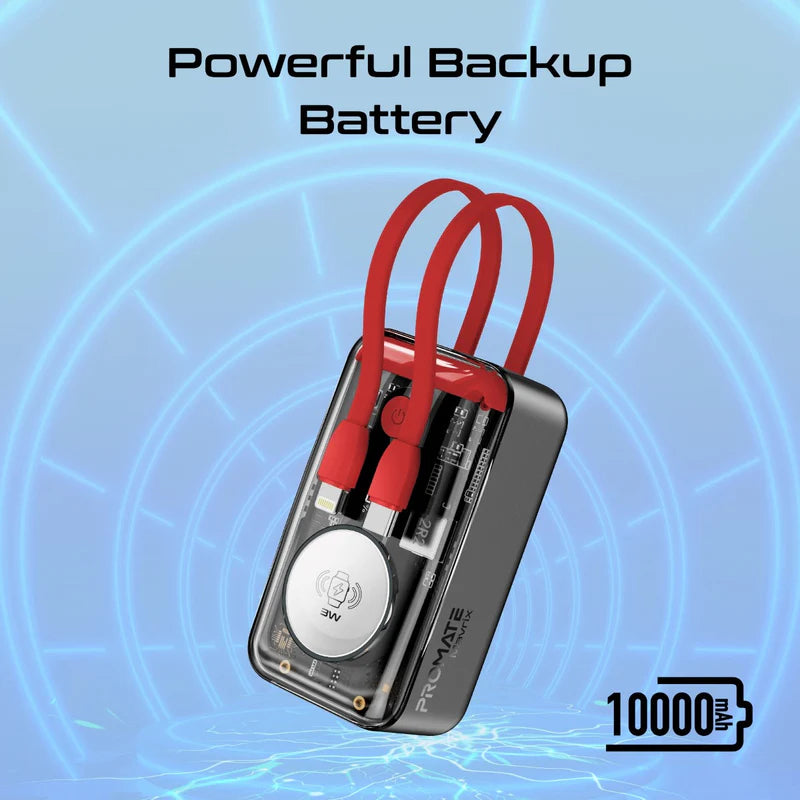 PROMATE Mavrix Power Bank with Built-In USB-C & Lightning Cable - 35W / 10000mAh / Red
