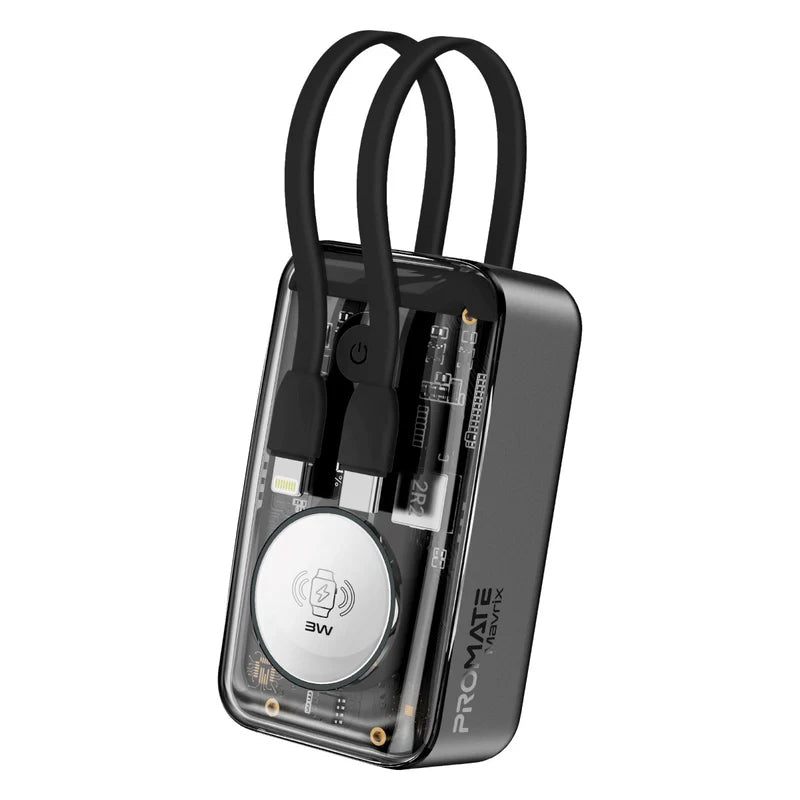 PROMATE Mavrix Power Bank with Built-In USB-C & Lightning Cable - 35W / 10000mAh / Phantom Black