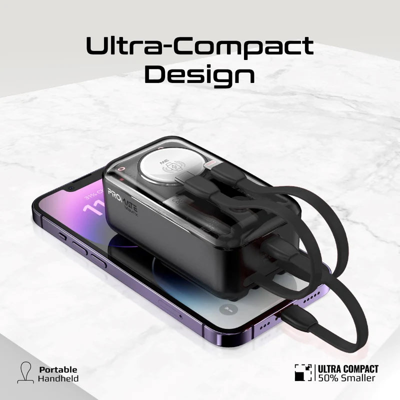 PROMATE Mavrix Power Bank with Built-In USB-C & Lightning Cable - 35W / 10000mAh / Phantom Black