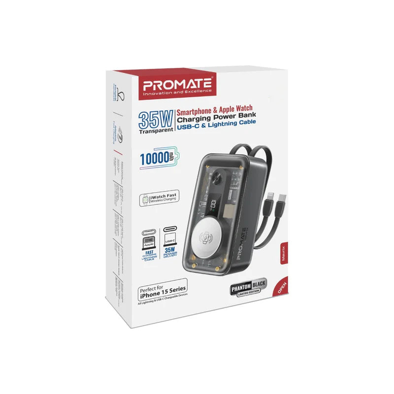 PROMATE Mavrix Power Bank with Built-In USB-C & Lightning Cable - 35W / 10000mAh / Phantom Black