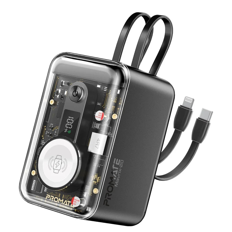 PROMATE Mavrix-20 Multi-Device Transparent Power Bank with Built-In USB-C & Lightning Cable - 65W / 20,000mAh / Black