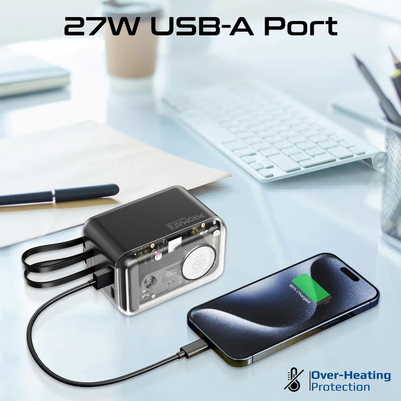 PROMATE Mavrix-20 Multi-Device Transparent Power Bank with Built-In USB-C & Lightning Cable - 65W / 20,000mAh / Black