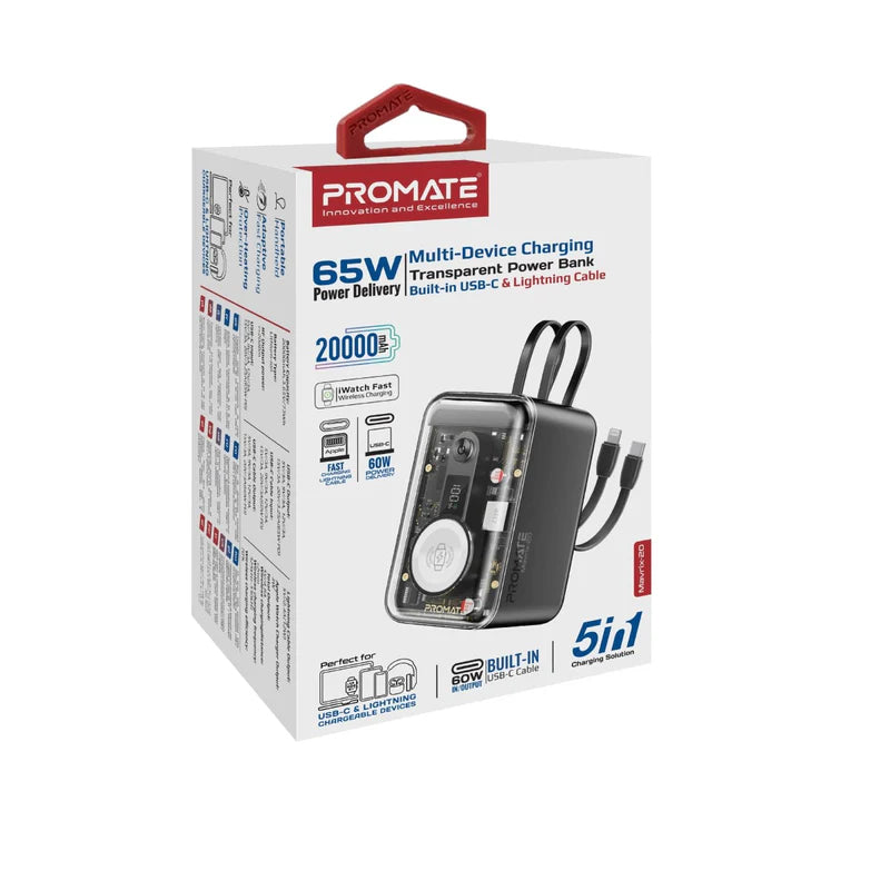 PROMATE Mavrix-20 Multi-Device Transparent Power Bank with Built-In USB-C & Lightning Cable - 65W / 20,000mAh / Black