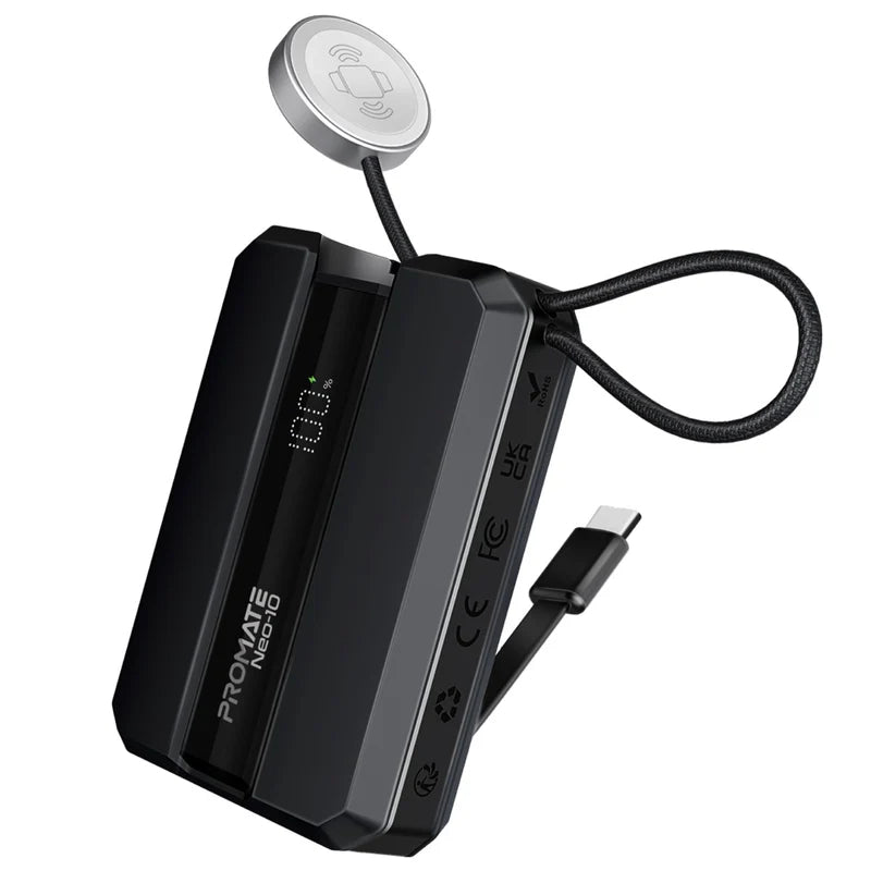 PROMATE Neo-10 Power Bank with Built-In USB-C Cable - 30W / 10,000mAh / Black