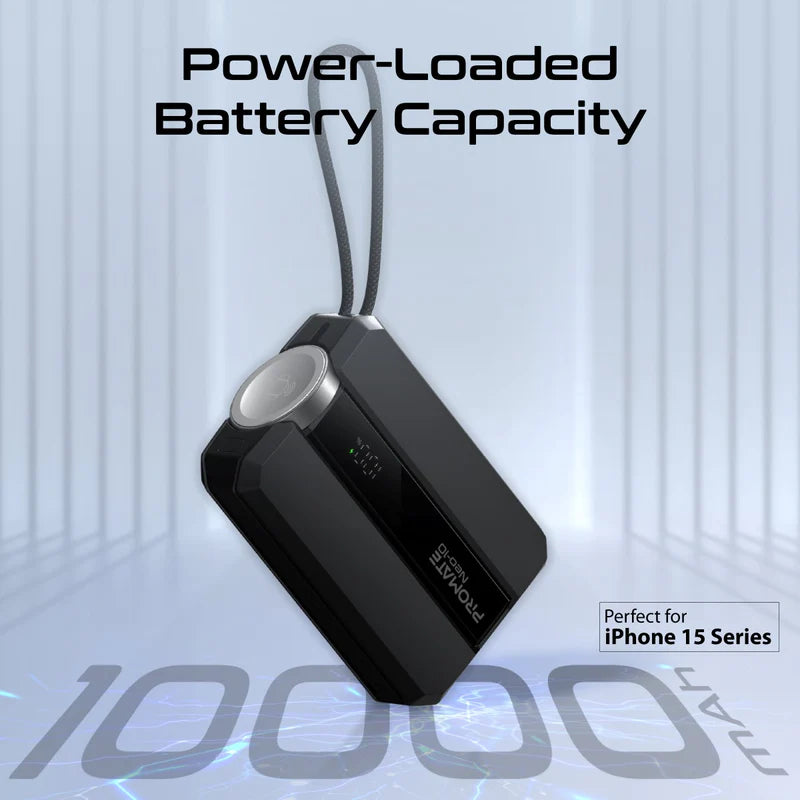 PROMATE Neo-10 Power Bank with Built-In USB-C Cable - 30W / 10,000mAh / Black