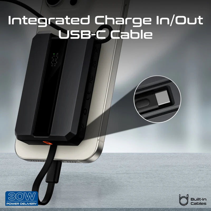 PROMATE Neo-10 Power Bank with Built-In USB-C Cable - 30W / 10,000mAh / Black