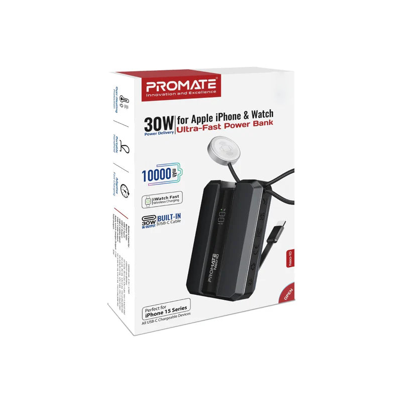 PROMATE Neo-10 Power Bank with Built-In USB-C Cable - 30W / 10,000mAh / Black