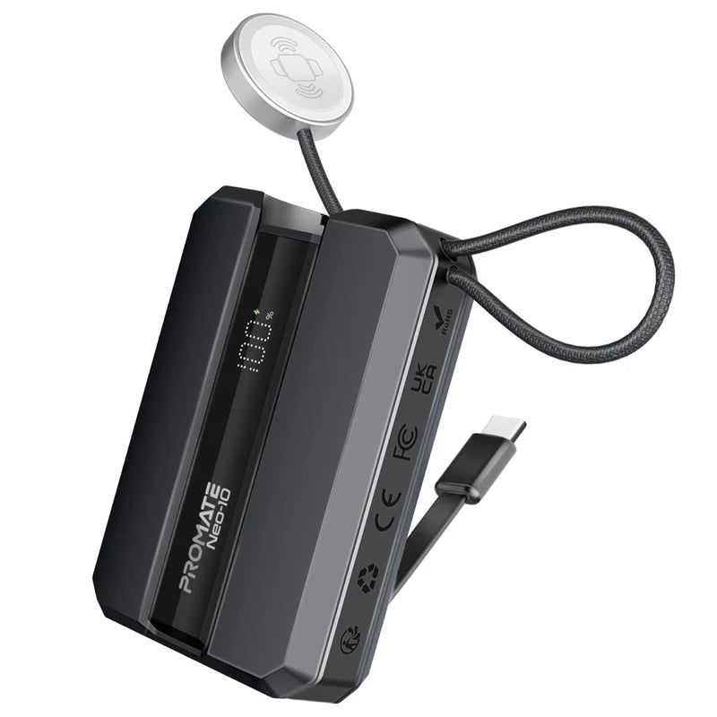 PROMATE Neo-10 Power Bank with Built-In USB-C Cable - 30W / 10,000mAh / Grey