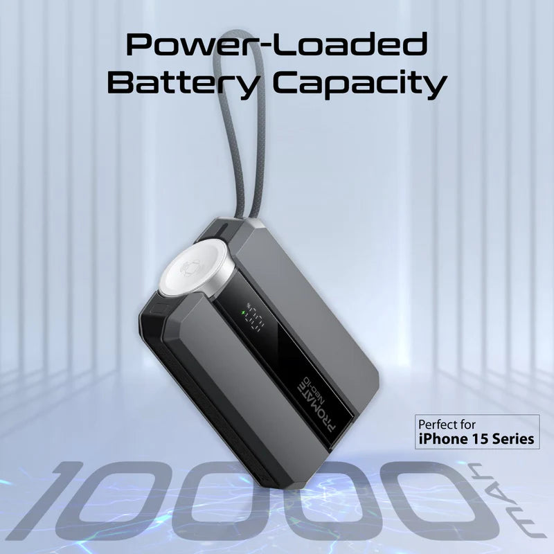 PROMATE Neo-10 Power Bank with Built-In USB-C Cable - 30W / 10,000mAh / Grey