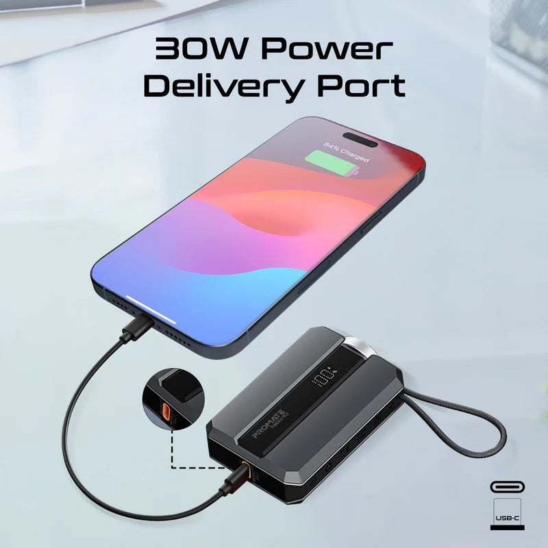 PROMATE Neo-10 Power Bank with Built-In USB-C Cable - 30W / 10,000mAh / Grey