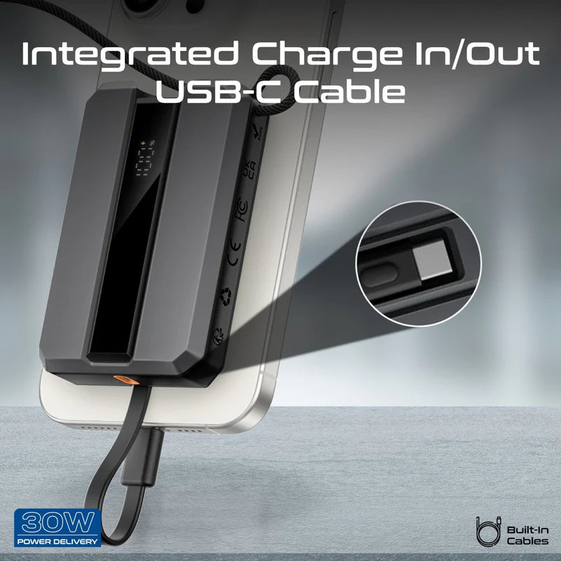 PROMATE Neo-10 Power Bank with Built-In USB-C Cable - 30W / 10,000mAh / Grey