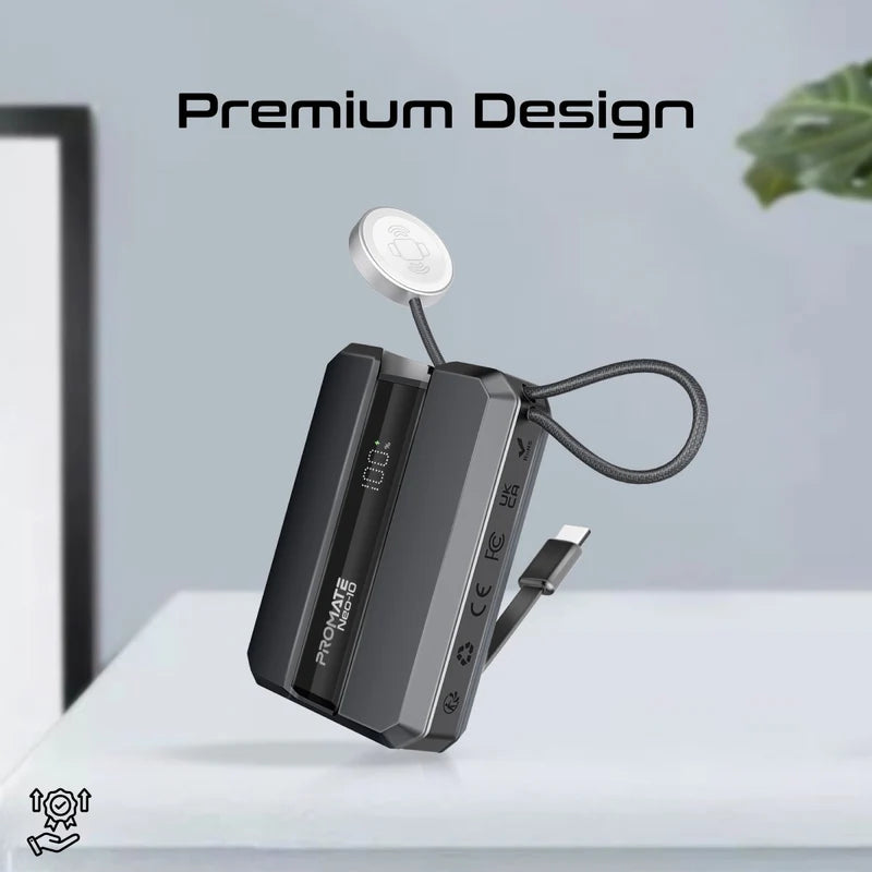 PROMATE Neo-10 Power Bank with Built-In USB-C Cable - 30W / 10,000mAh / Grey