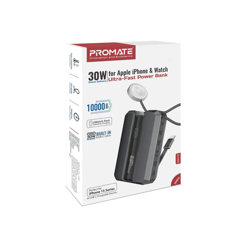 PROMATE Neo-10 Power Bank with Built-In USB-C Cable - 30W / 10,000mAh / Grey