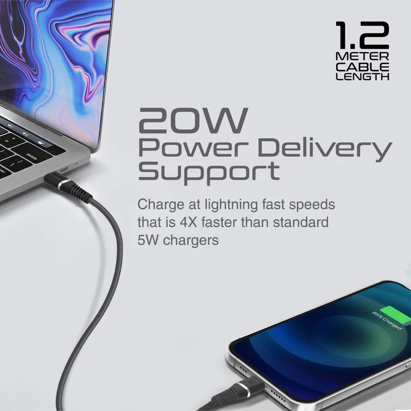 PROMATE PowerLine-Ci120 Connector Cable - 1.2 Meter / 480Mbps / 20W /USB-C / Lightning / Black