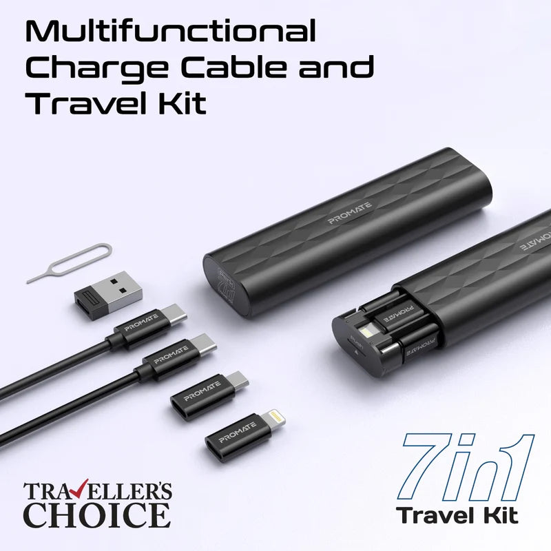 PROMATE PERK Compact All in 1 Charging Cable and Travel Kit - 60W / Black