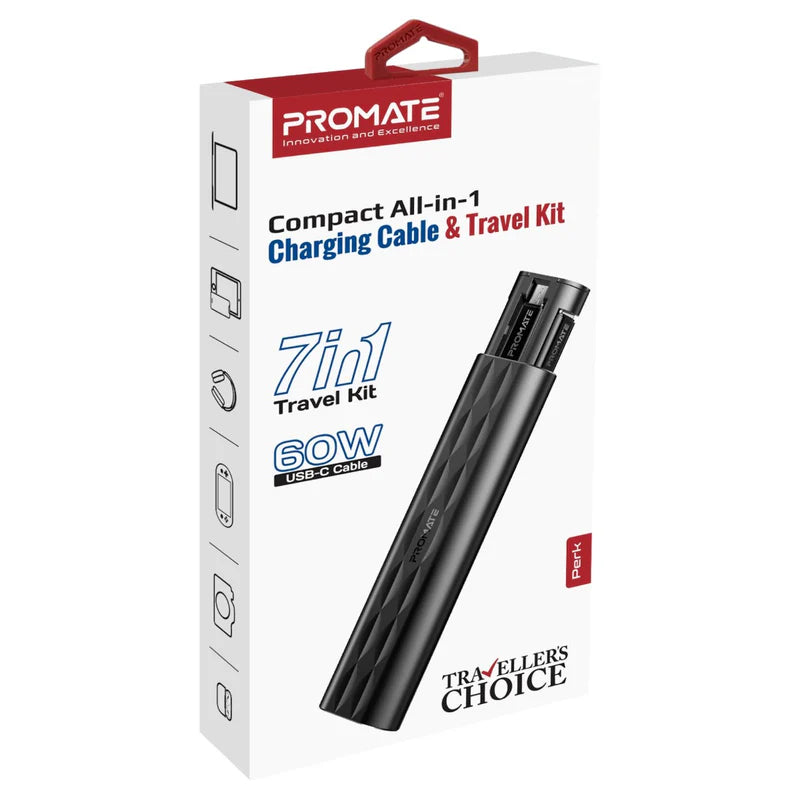 PROMATE PERK Compact All in 1 Charging Cable and Travel Kit - 60W / Black