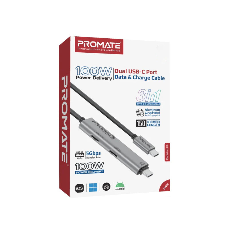PROMATE PortLink-C3 Data and Charge Cable - 100W / 1.5 Meter / USB-C / Black
