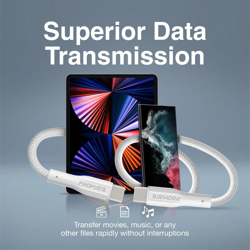 PROMATE XCord-CC High Tensile Strength Data & Charge Cable - 1 Meter / 480Mbps / USB-C / White
