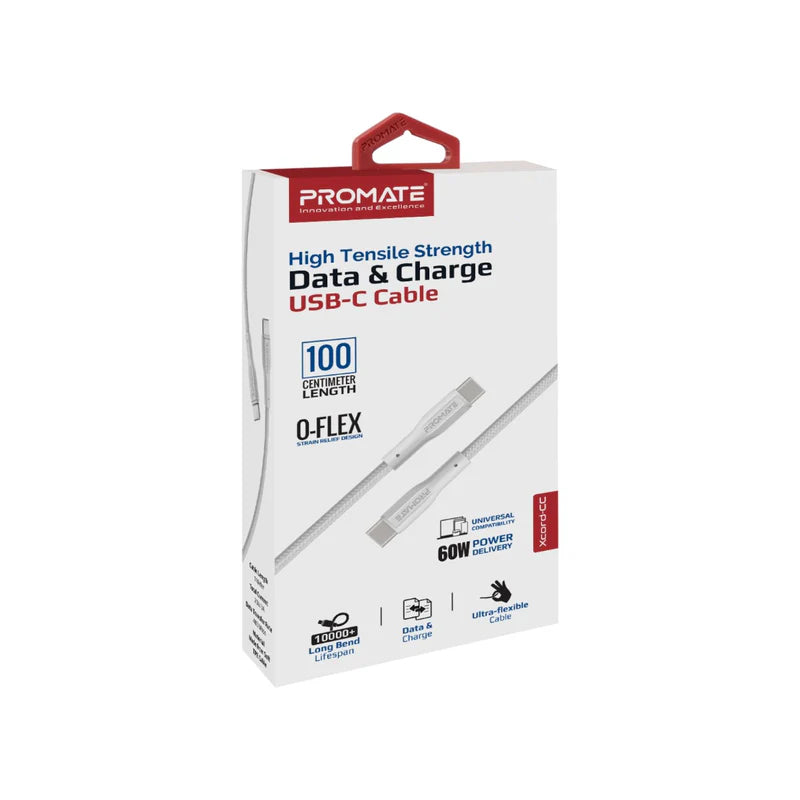 PROMATE XCord-CC High Tensile Strength Data & Charge Cable - 1 Meter / 480Mbps / USB-C / White