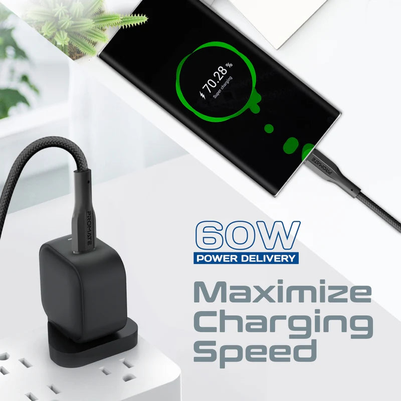 PROMATE XCord-CC200 High Tensile Strength Data & Charge Cable - 2 Meter / 480Mbps / USB-C / Black
