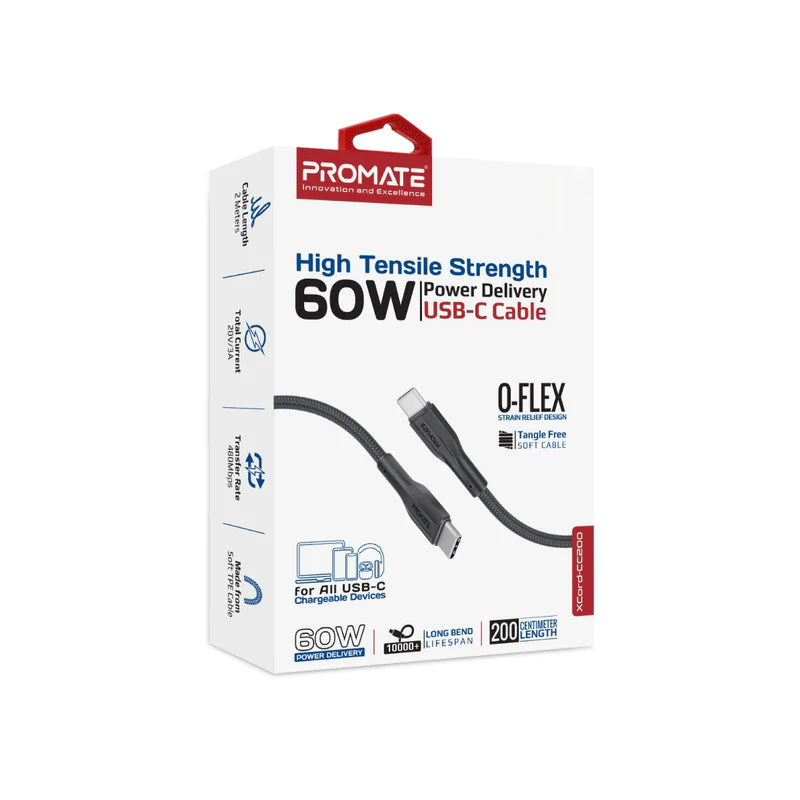 PROMATE XCord-CC200 High Tensile Strength Data & Charge Cable - 2 Meter / 480Mbps / USB-C / Black