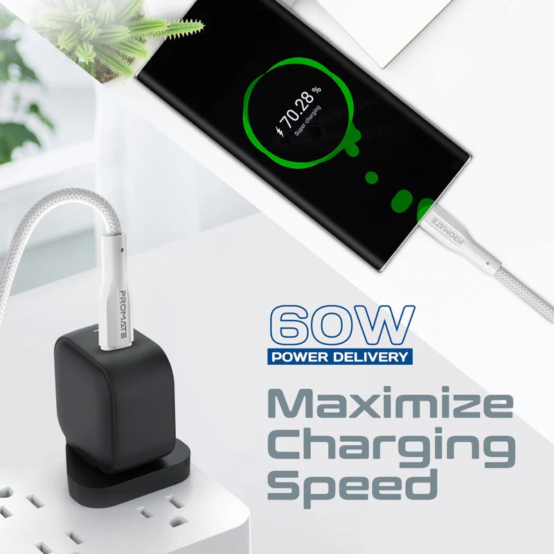 PROMATE XCord-CC200 High Tensile Strength Data & Charge Cable - 2 Meter / 480Mbps / USB-C / White