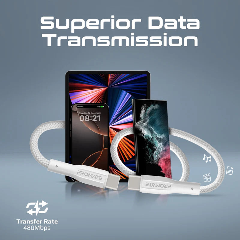 PROMATE XCord-CC200 High Tensile Strength Data & Charge Cable - 2 Meter / 480Mbps / USB-C / White