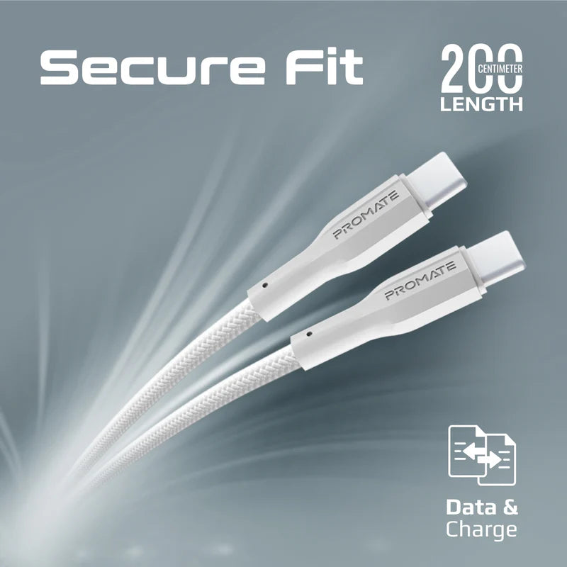 PROMATE XCord-CC200 High Tensile Strength Data & Charge Cable - 2 Meter / 480Mbps / USB-C / White